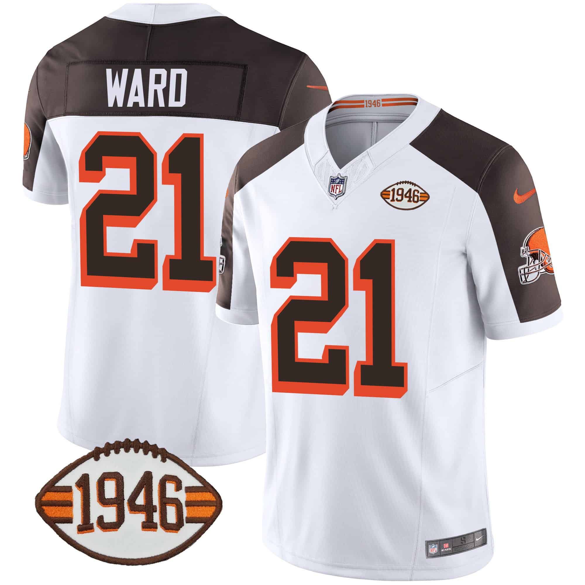 Men Cleveland Browns #21 Ward White 1946 75th Anniversary Patch 2024 Nike NFL Jersey style 1